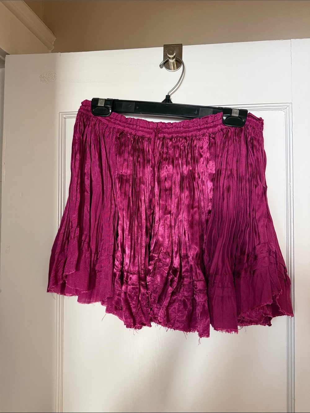 Free Peopple Crinkled Tiered Mini Skirt in dragonfruit punch raspberry